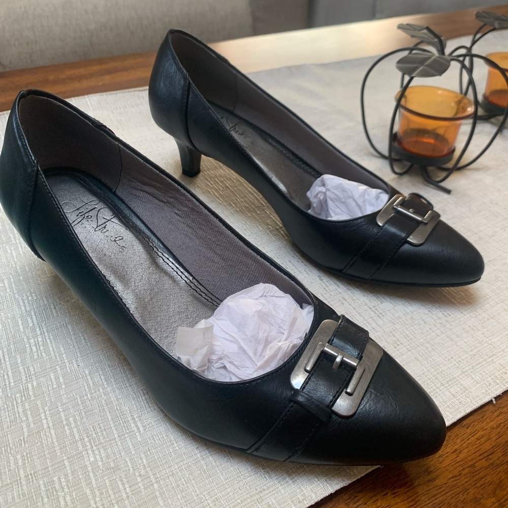 Black Leather Heels with Silver Buckle